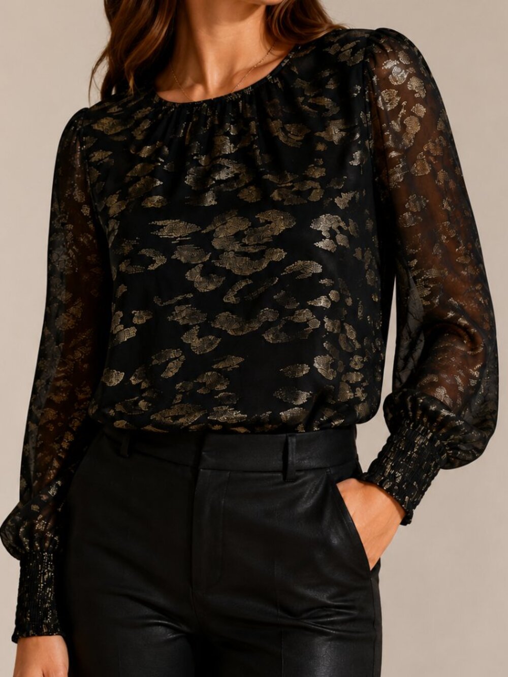 EVEREVE Adele Metallic Leopard Print Blouse Black Gold Sheer Sleeve Top S